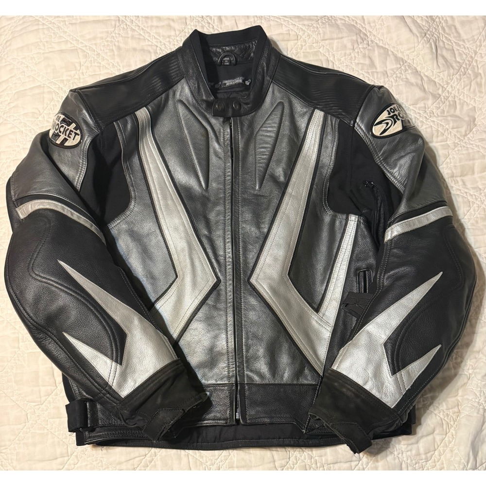 Joe Rocket Blaster Armored Leather Motorcycle Jacket Mens 46 Black Silver Racing